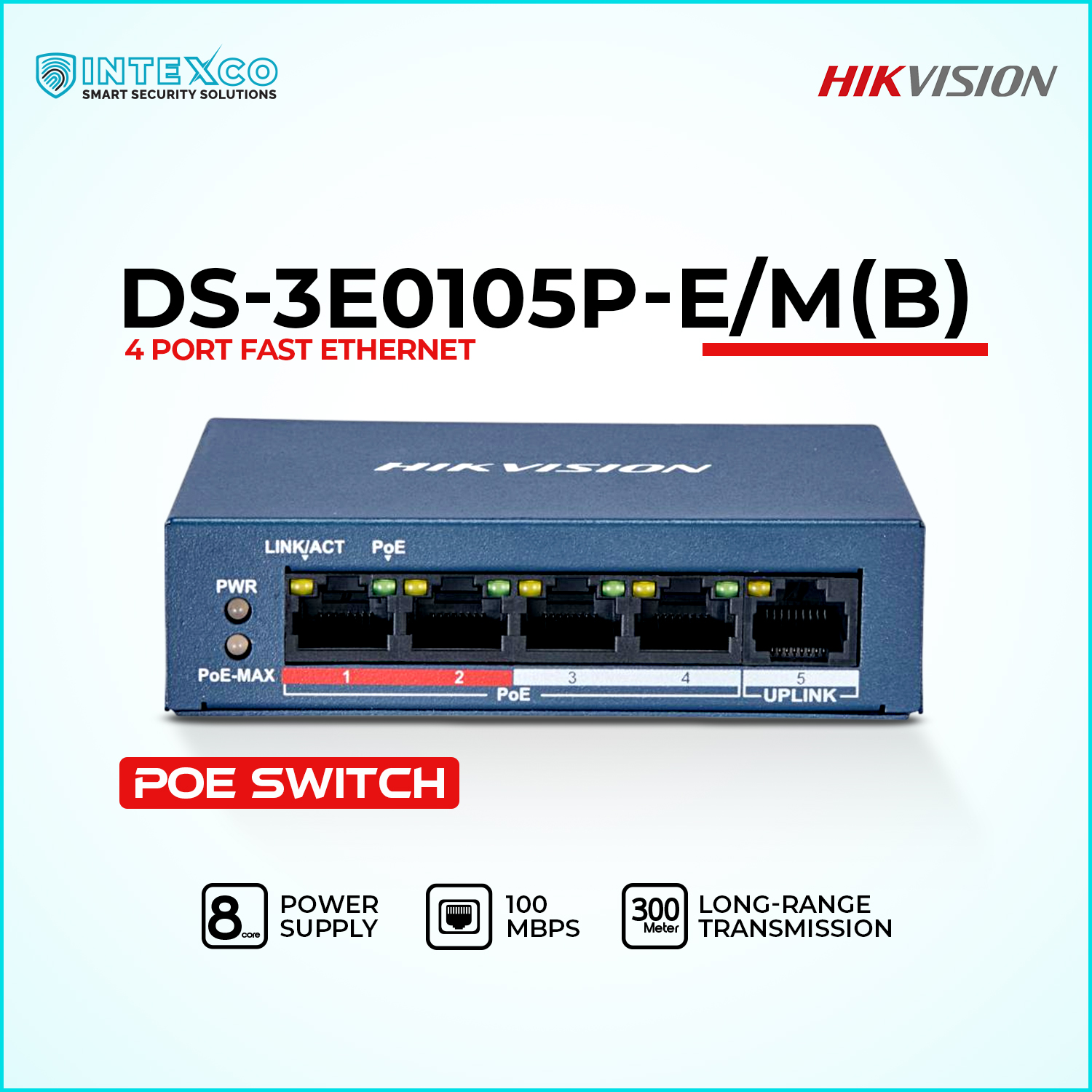 DS-3E0105P-E/M(B) 4-port Fast Ethernet unmanaged PoE switch front view