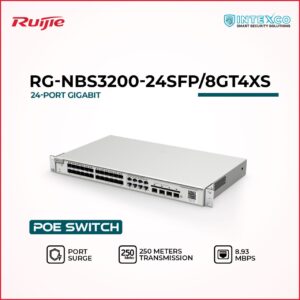 RG-NBS3200-24SFP/8GT4XS rackmount network switch front view with multiple ports and LED indicators