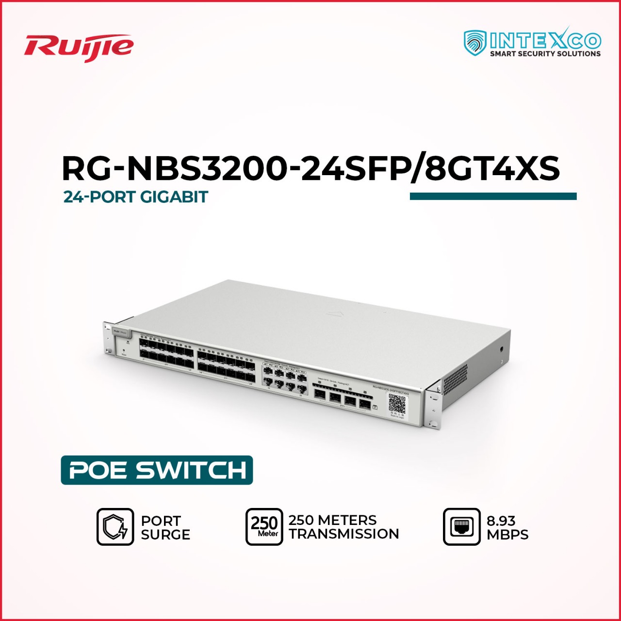 RG-NBS3200-24SFP/8GT4XS rackmount network switch front view with multiple ports and LED indicators
