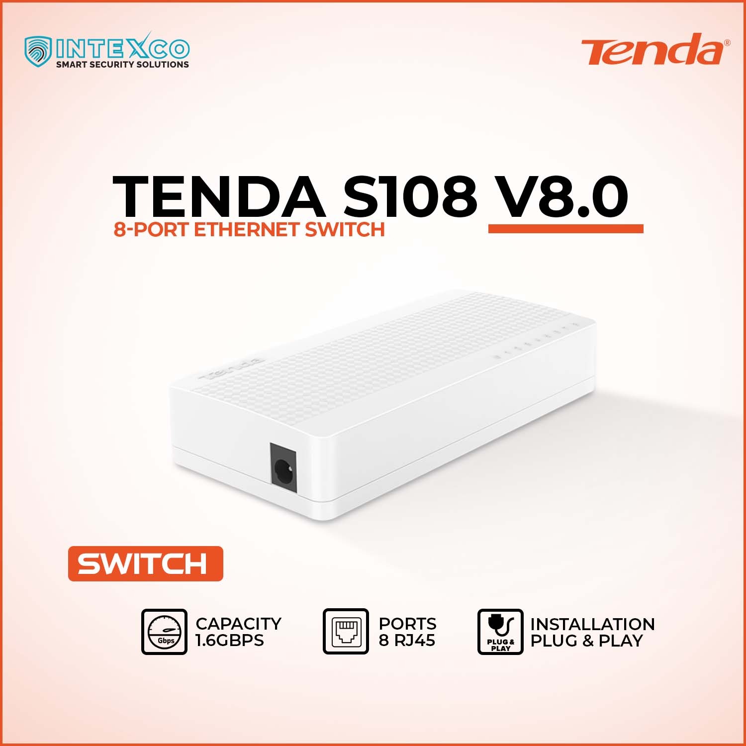 Tenda S108 V8.0 8‑port Ethernet switch in promotional banner