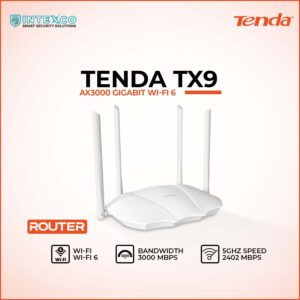 Tenda TX9 AX3000 gigabit Wi‑Fi 6 router with four antennas in promotional banner
