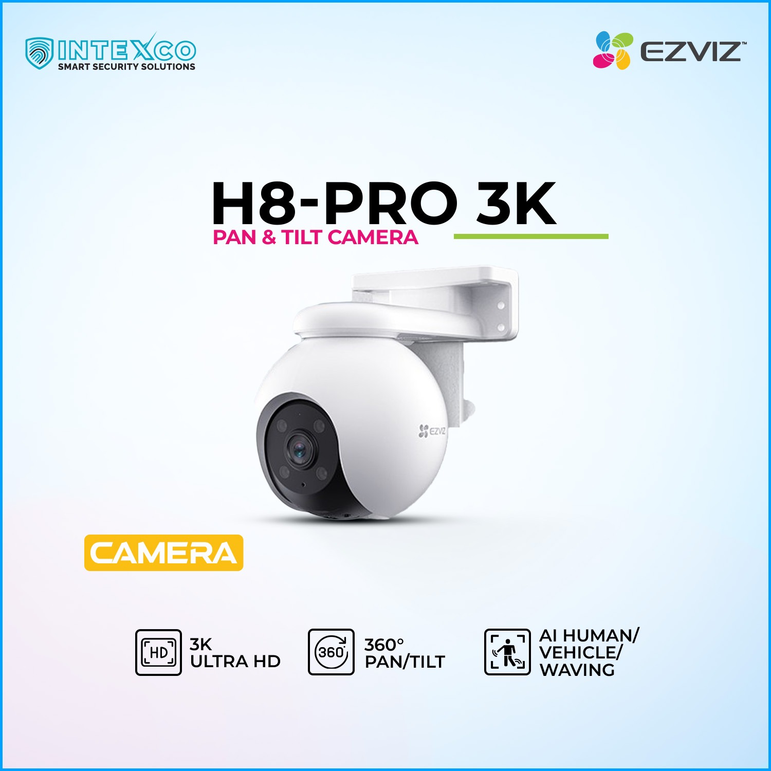 EZVIZ H8‑Pro 3K pan and tilt camera with 3K ultra HD, 360° view and AI human/vehicle/waving detection