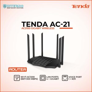 Tenda AC21 AC2100 gigabit wireless WiFi router with six antennas in promotional banner