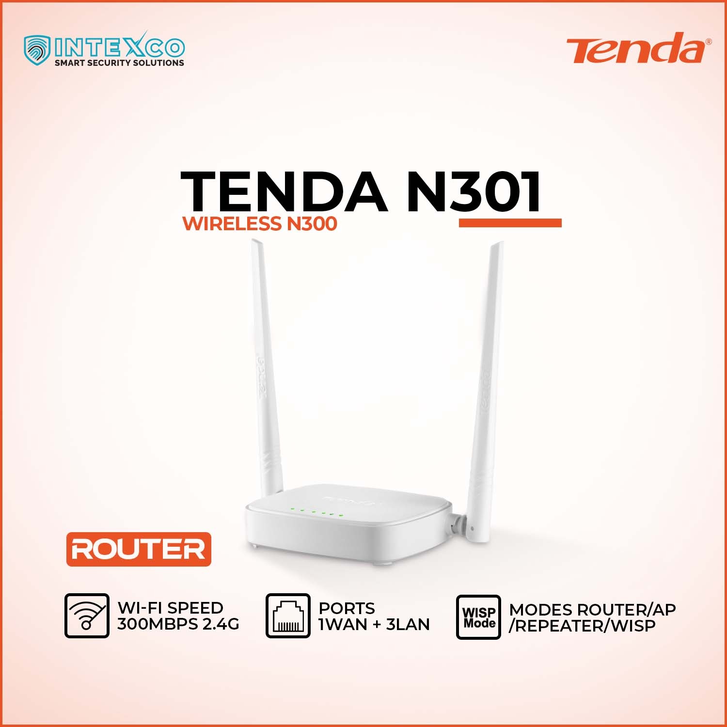 Tenda N301 Wireless N300 WiFi router with two antennas in promotional banner