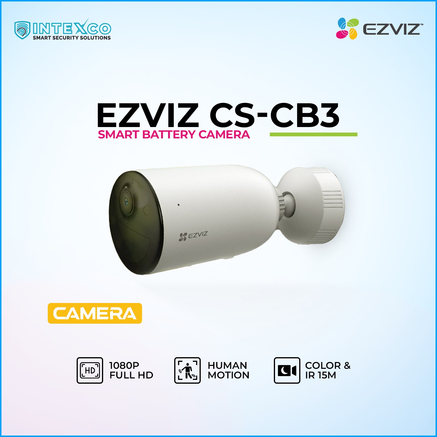 EZVIZ CS‑CB3 1080p smart battery camera in promotional banner