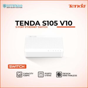 Tenda S105 V10 5‑port Ethernet switch in promotional banner
