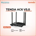 AC6 V5.0 AC1200 smart WiFi router with four antennas in Intexco and Tenda promotional banner