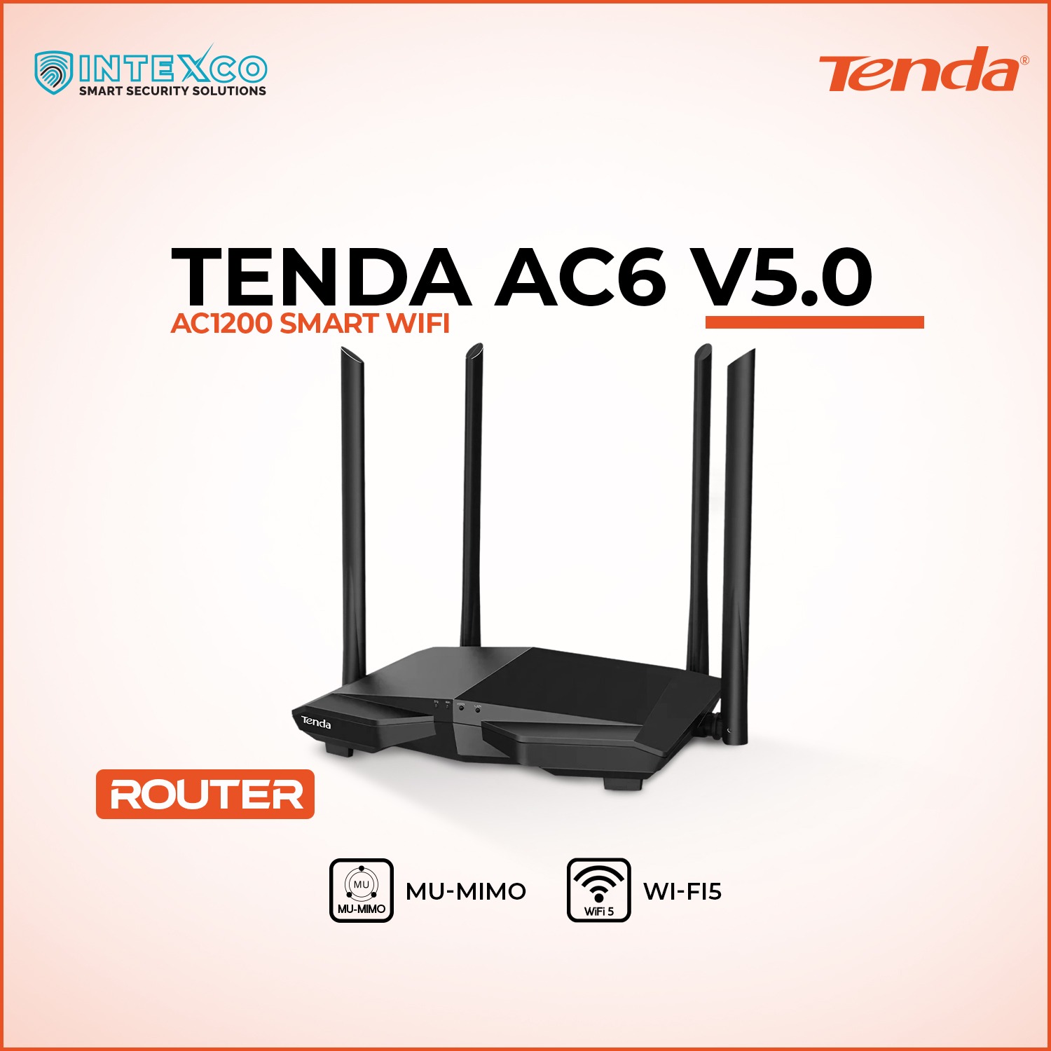 AC6 V5.0 AC1200 smart WiFi router with four antennas in Intexco and Tenda promotional banner