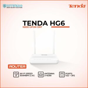 Tenda HG6 N300 GPON ONT WiFi router with two antennas in Intexco and Tenda promotional banner