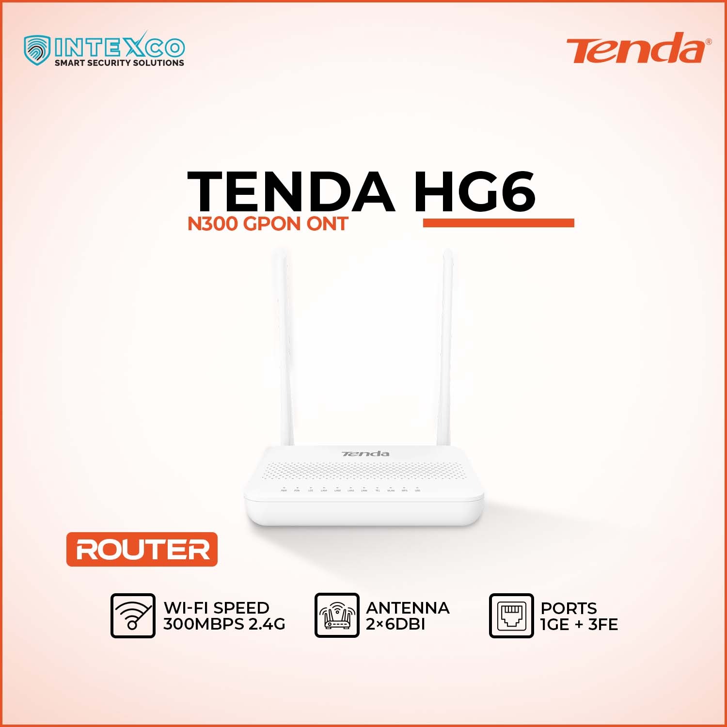 Tenda HG6 N300 GPON ONT WiFi router with two antennas in Intexco and Tenda promotional banner