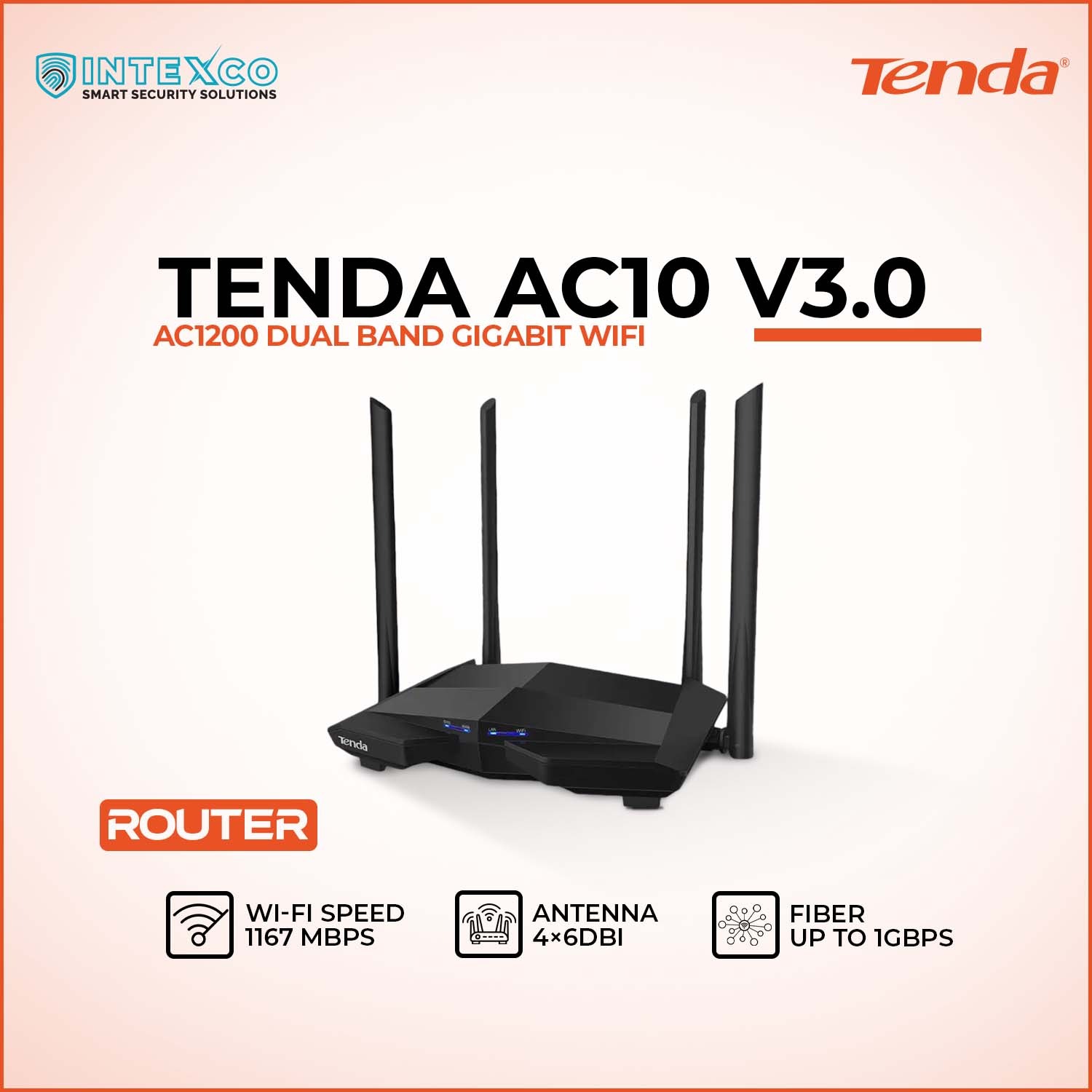 Tenda AC10 V3.0 AC1200 dual band gigabit WiFi router with four antennas in promotional banner