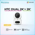 EZVIZ H7C Dual 2K+ pan and tilt dual‑lens Wi‑Fi smart camera in promotional banner