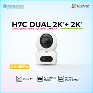 EZVIZ H7C Dual 2K+ pan and tilt dual‑lens Wi‑Fi smart camera in promotional banner