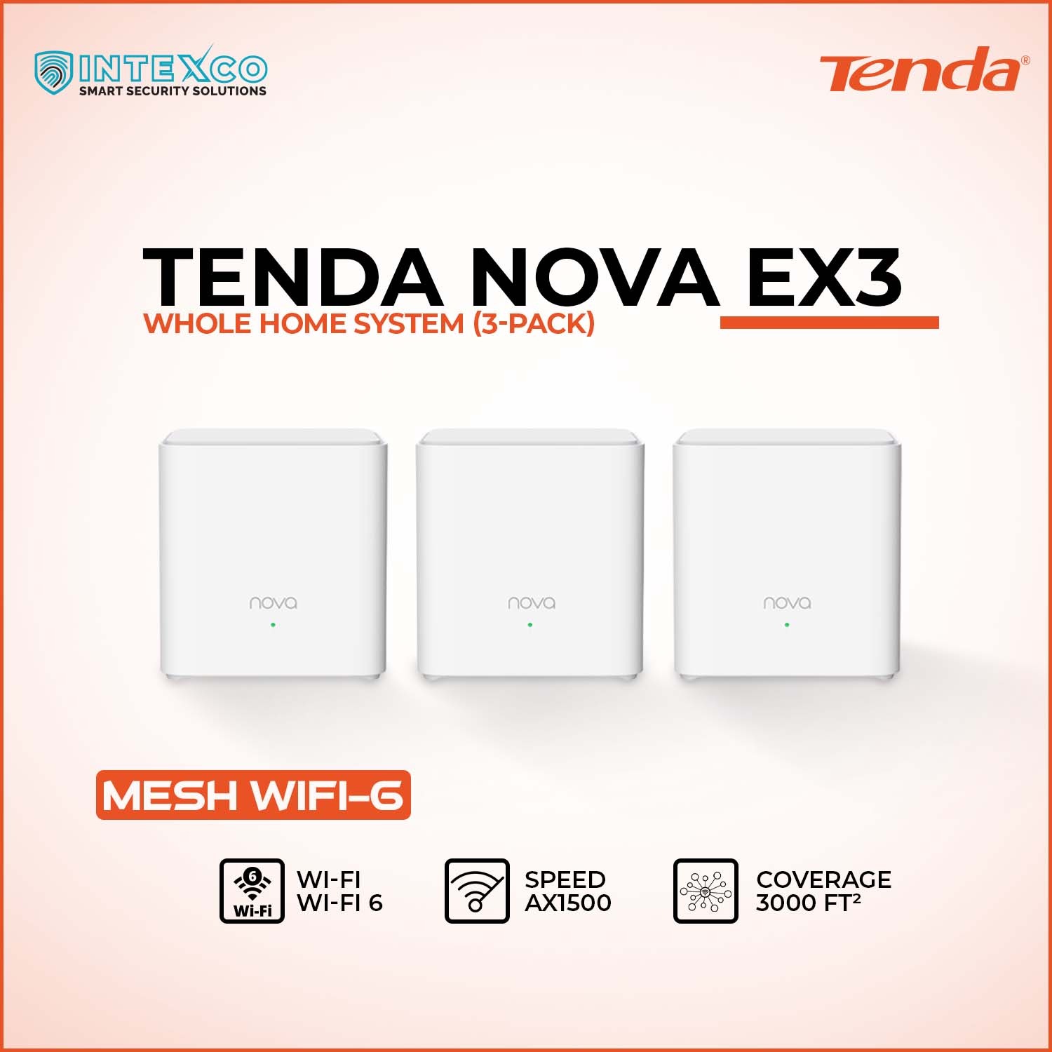 Tenda Nova EX3 whole home mesh WiFi 6 system 3‑pack promotional banner
