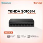 Tenda SG108M 8‑port gigabit Ethernet switch in promotional banner