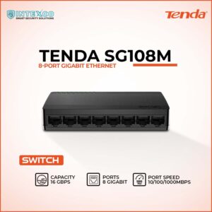 Tenda SG108M 8‑port gigabit Ethernet switch in promotional banner