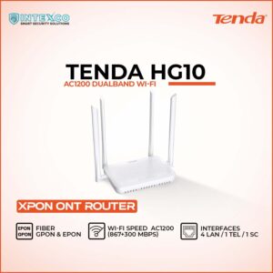 Tenda HG10 AC1200 dual band XPON ONT WiFi router with four antennas in promotional banner